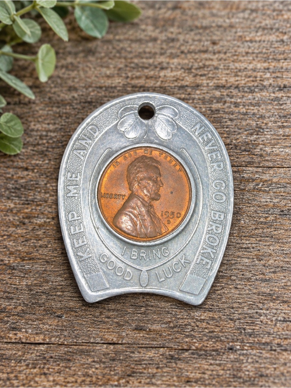 Vintage 1950-D Wheat Penny Horseshoe Good Luck Pocket Token Tailors Clothiers